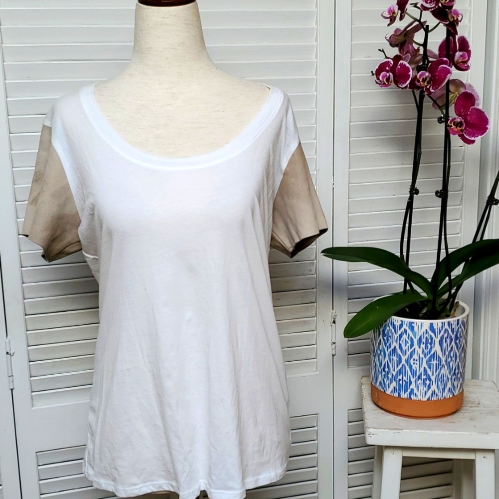 Michael Stars Size L White Tee with Suede Short Sleeves. NWOT